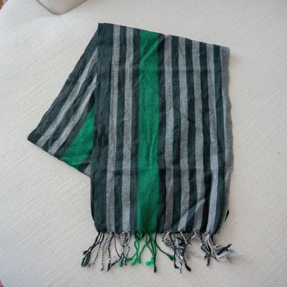 2000s Banana Republic Striped Green Fine Wool Scarf with Fringe